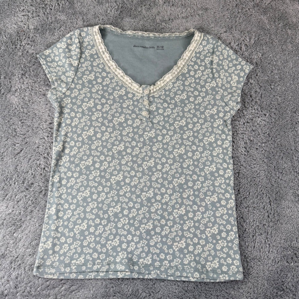 Abercrombie Kids Girls Blue Floral Ribbed Lace Trim Henley Top Size 11/12